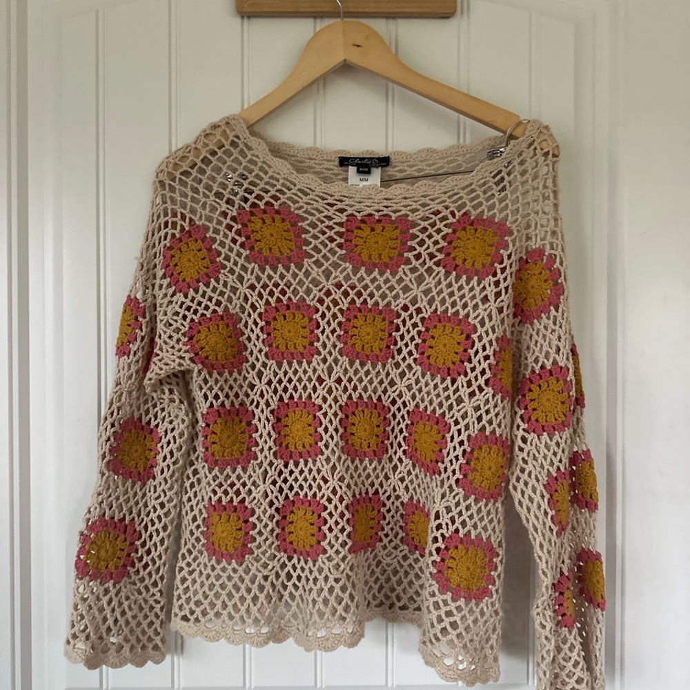 Charlie B floral Crochet Sweater in Pink and Yellow